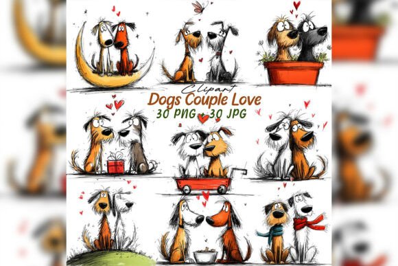 Download Whimsical Dog Couple Love Clipart Set - Dog Collection